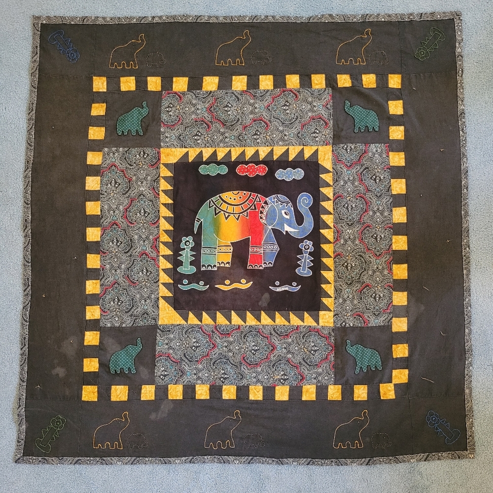 Handmade Original Summer Quilt Colorful Elephant Batik Embroidered 45x45